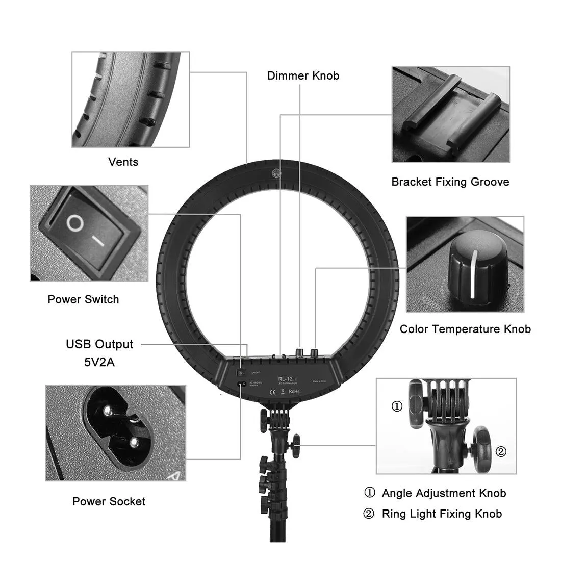 12 Two-colour Dimmable Ring Fill Light with Tripod - 28w 100-240v