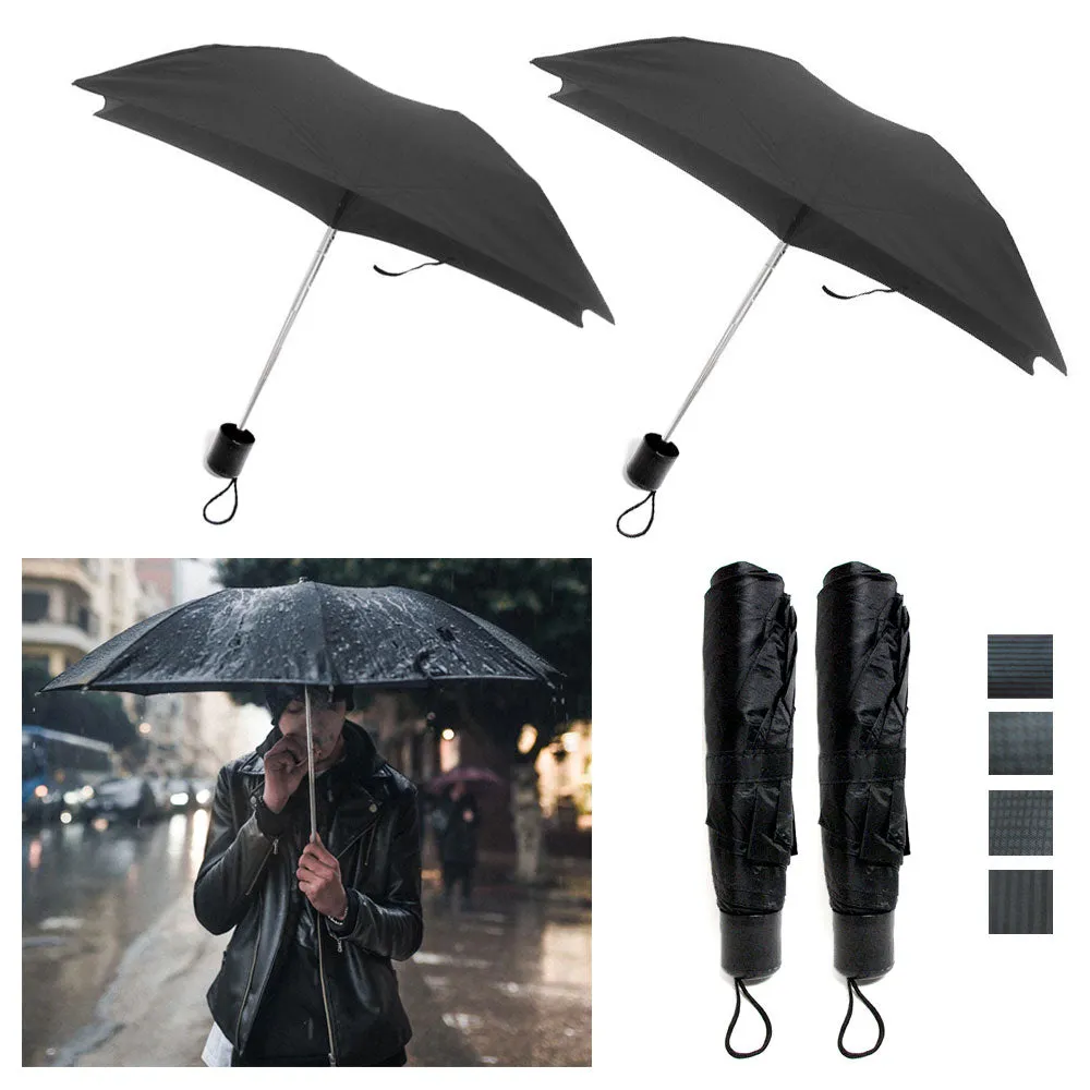 2 X Folding Umbrella Mini Portable Compact Emergency Weather Travel Black 36"