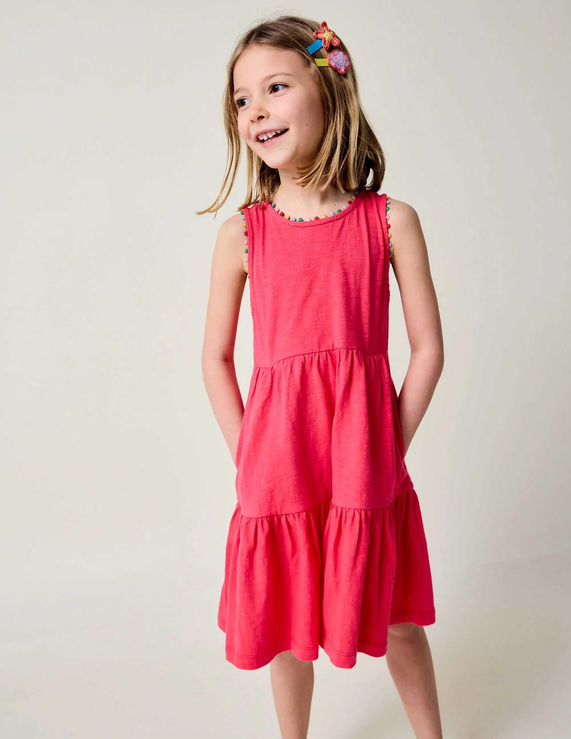 Ali Pom Trim Jersey Dress-Fandango Pink