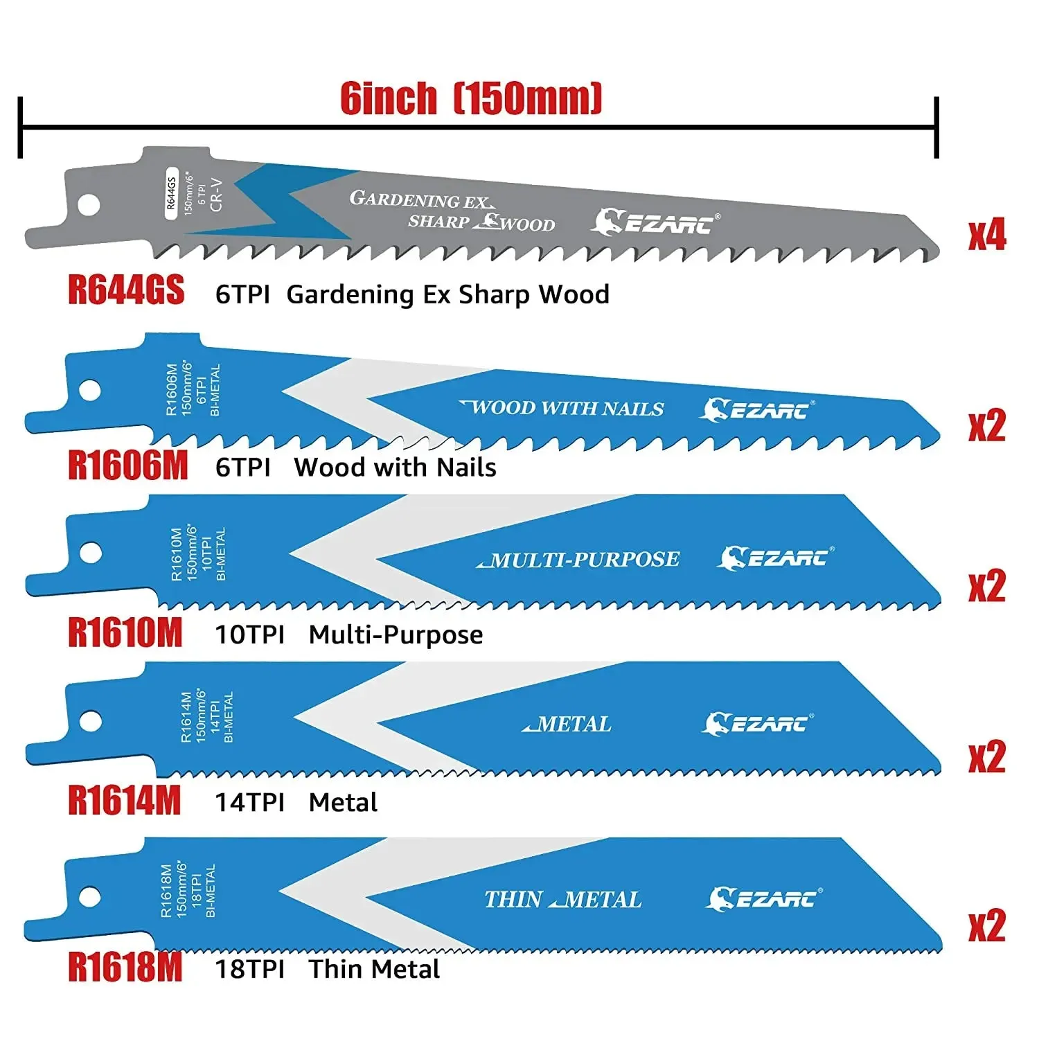 Ezarc 150mm 12 Piece Bimetal Reciprocating Saw Blades Set for Metal Wood Pallet Cutting