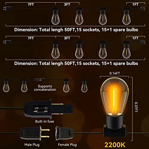 MOFFE 100FT（50FT*2 LED Outdoor String Lights, Waterproof Connectable Dimmable LED Hanging Lights for Patio, Porch, Deck, Bistro, Cafe, Balcony, Backyard Porch Garden,Party Decor, 2200K Warm