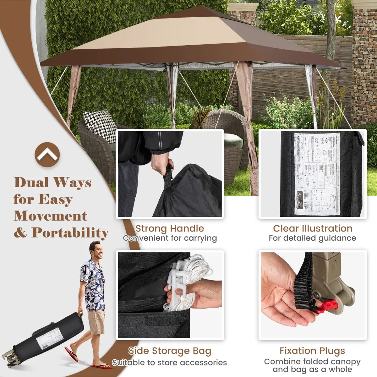 NNECW 390 x 390 cm UPF 50  Patio Pop-Up Gazebo with Wheels & Leg Skirts & Portable Bag