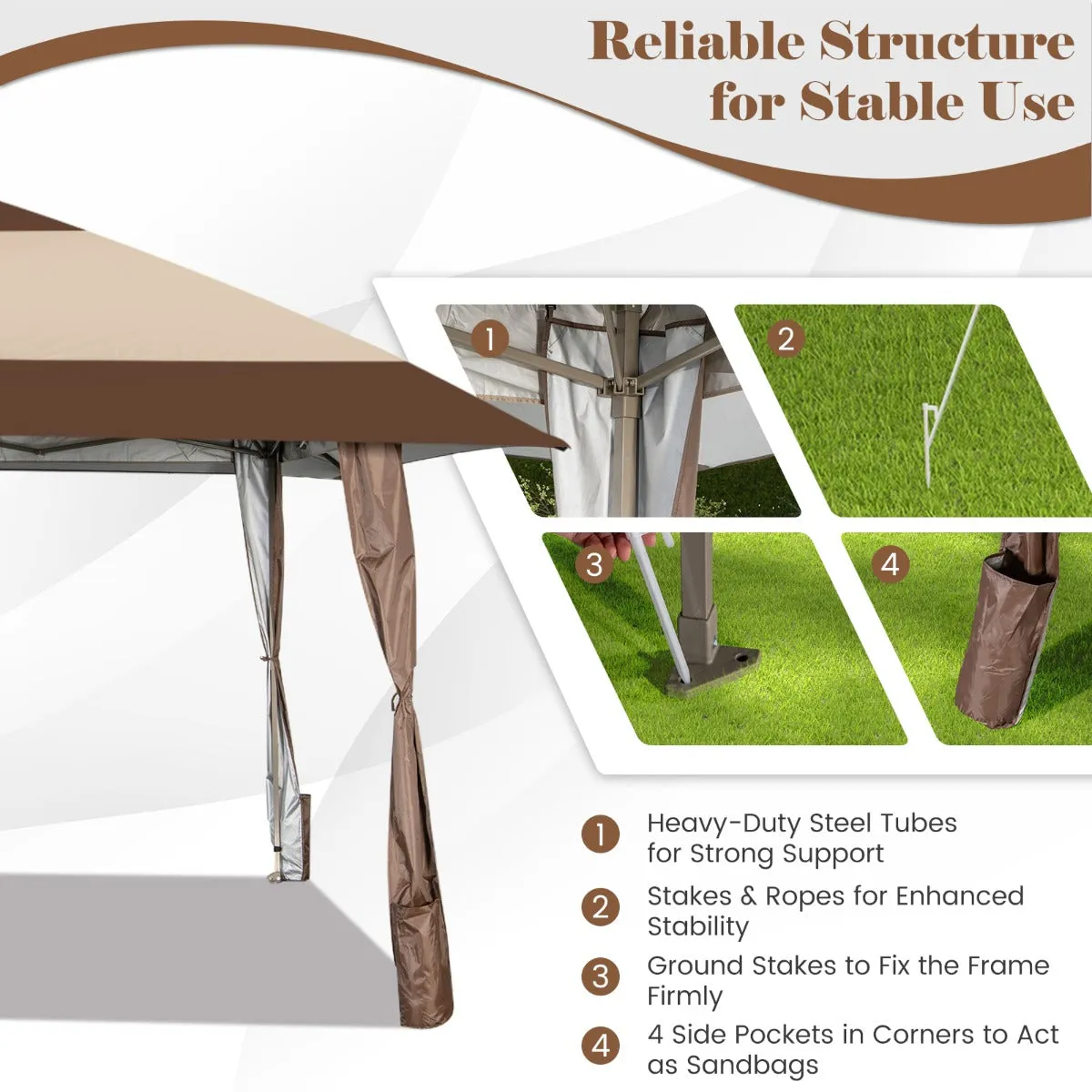 NNECW 390 x 390 cm UPF 50  Patio Pop-Up Gazebo with Wheels & Leg Skirts & Portable Bag