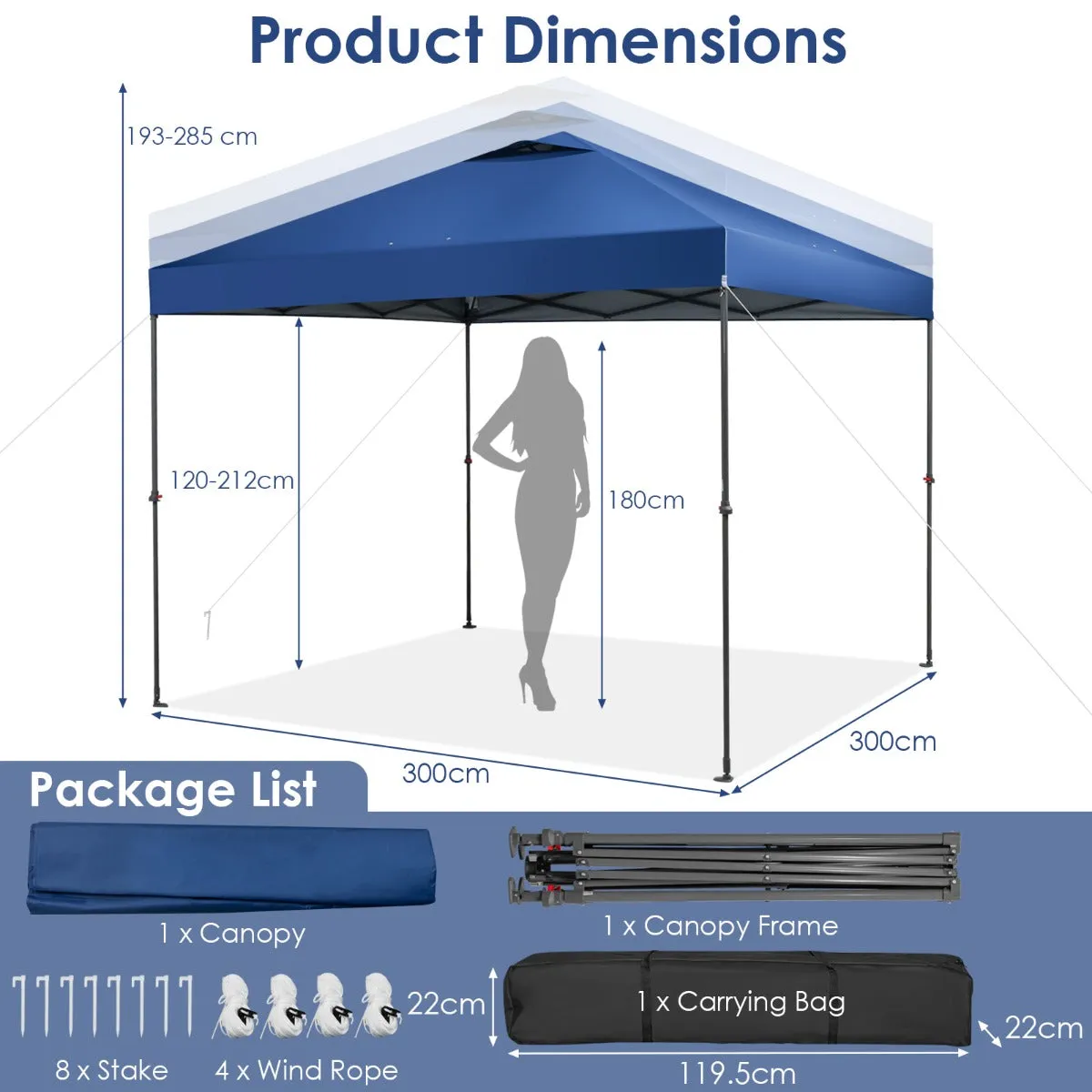 NNECW 3m x 3m Height-Adjustable &amp Tiltable Pop-up Canopy with Carry Bag-Blue
