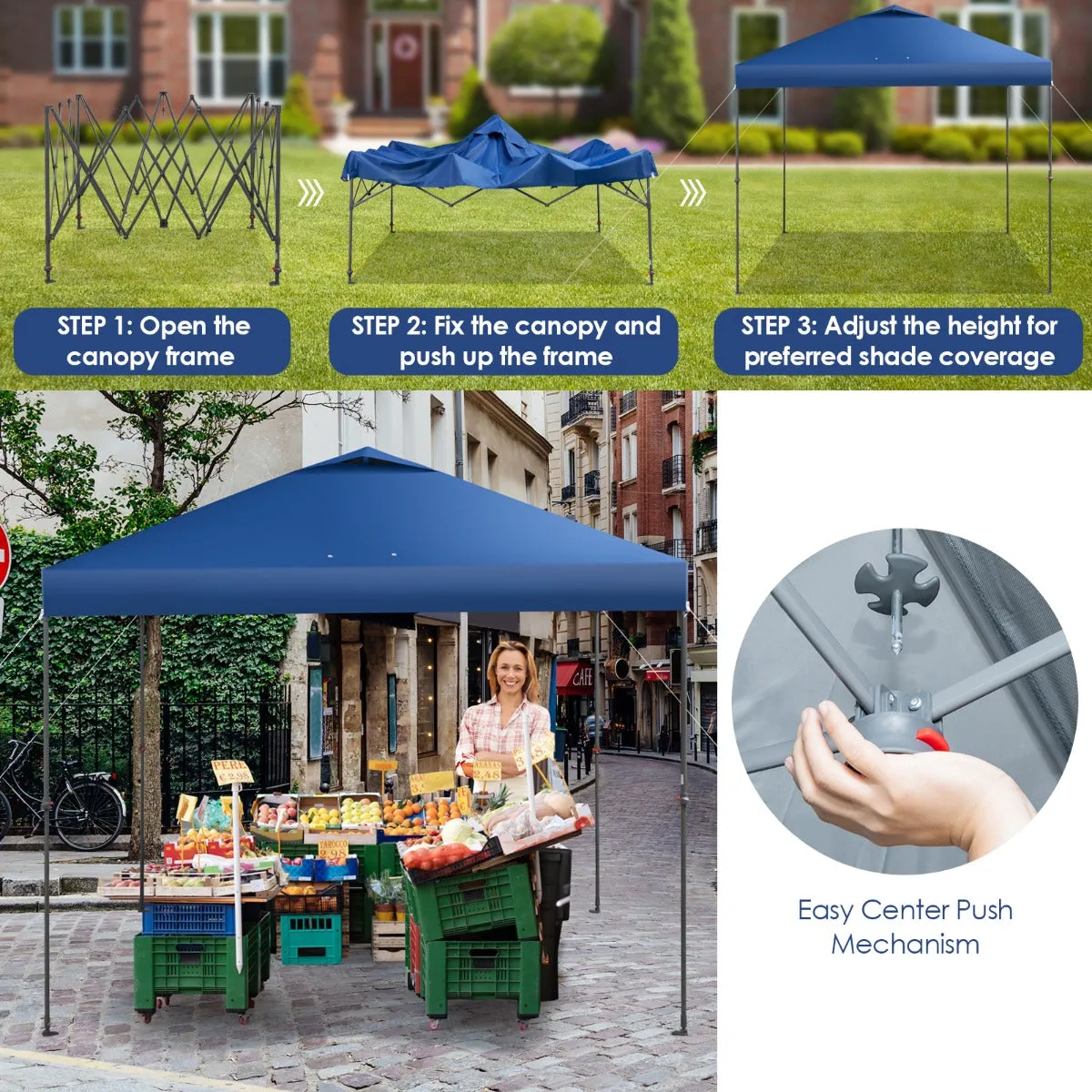 NNECW 3m x 3m Height-Adjustable &amp Tiltable Pop-up Canopy with Carry Bag-Blue