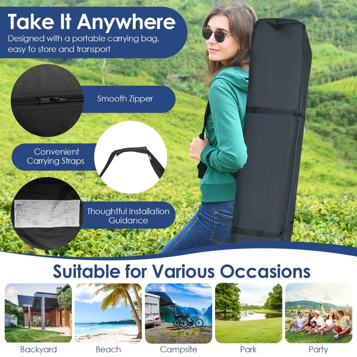 NNECW 3m x 3m Height-Adjustable &amp Tiltable Pop-up Canopy with Carry Bag-Blue