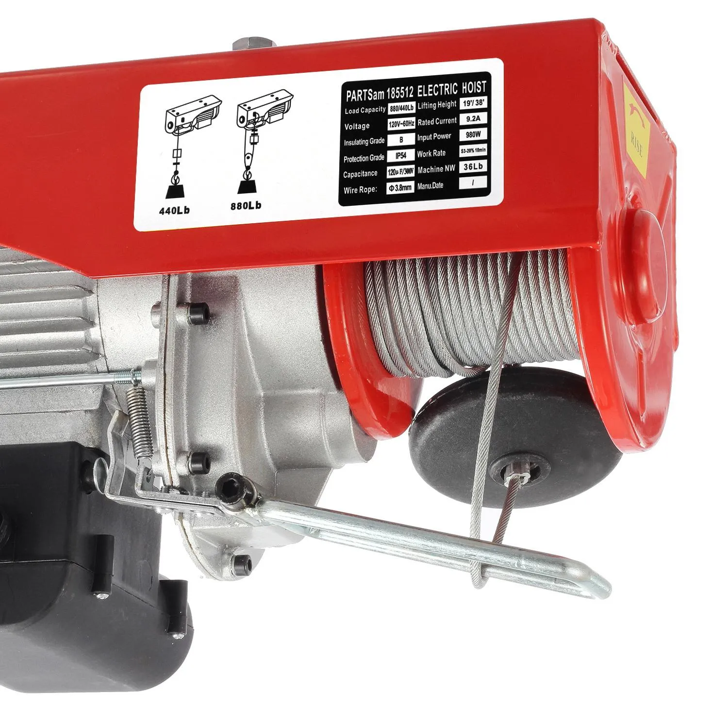 Partsam 880 lbs Lift Electric Hoist Crane Remote Control Power System, Zinc-Plated Steel Wire Overhead Crane Garage Ceiling Pulley Winch w/Straps (w/Emergency Stop Switch)