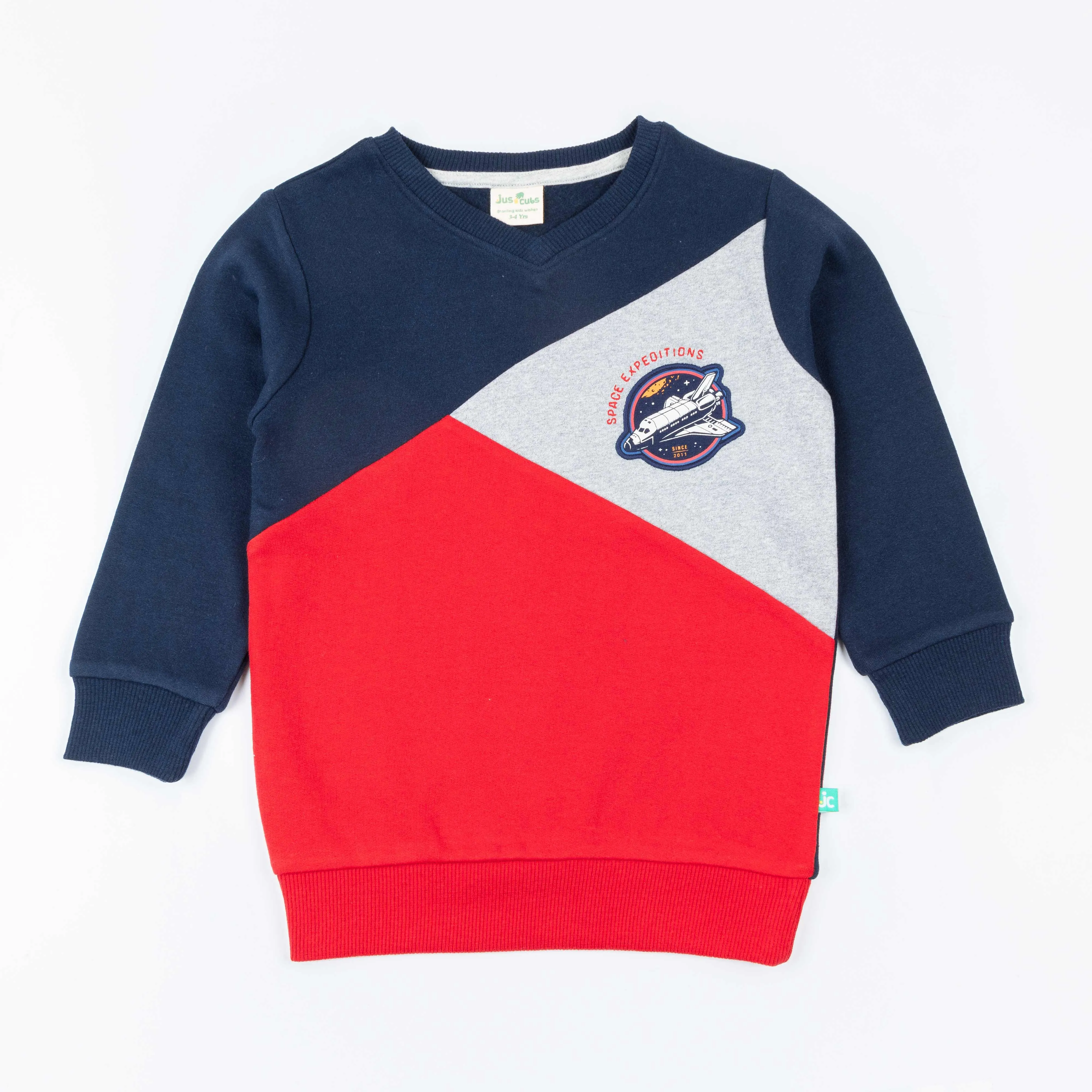 "Boys' Colorblock Sweatshirt  Space Expedition Patch Design (Blue/Navy/Grey/Red)"
