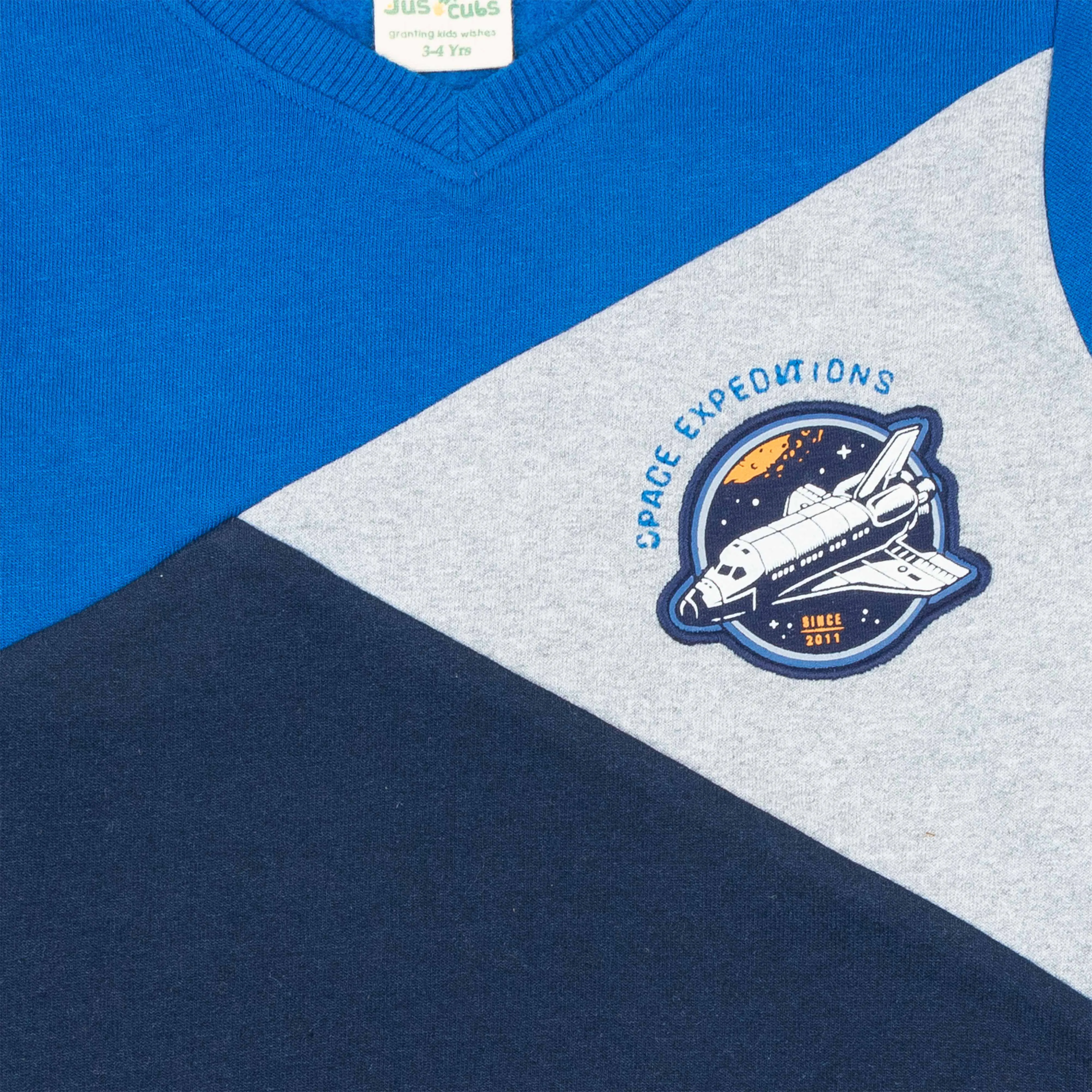 "Boys' Colorblock Sweatshirt  Space Expedition Patch Design (Blue/Navy/Grey/Red)"