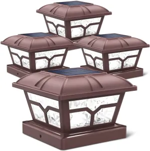 Solar Post Cap Lights Outdoor 2 Color Modes 8 Leds for 4X4 5X5 6X6 Posts Fence Deck Patio Decoration Warm White & Cool White Lighting Brown (4 Pack)