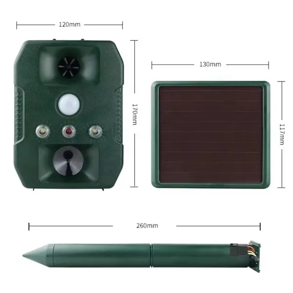 Ultrasonic Solar-Powered Animal Repeller  Infrared Detection, LED Flashing, Adjustable Frequency for Repelling Dogs, Cats, Birds, Raccoons, Mice, Snakes