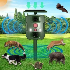 Ultrasonic Solar-Powered Animal Repeller  Infrared Detection, LED Flashing, Adjustable Frequency for Repelling Dogs, Cats, Birds, Raccoons, Mice, Snakes