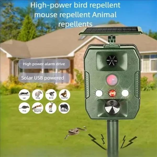 Ultrasonic Solar-Powered Animal Repeller  Infrared Detection, LED Flashing, Adjustable Frequency for Repelling Dogs, Cats, Birds, Raccoons, Mice, Snakes