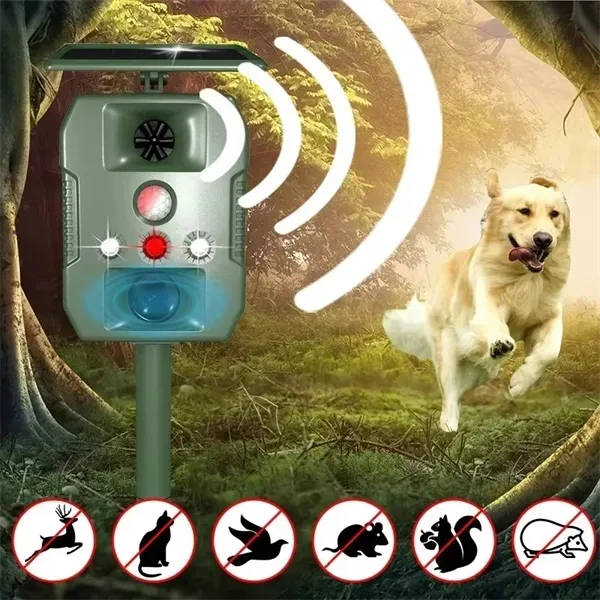 Ultrasonic Solar-Powered Animal Repeller  Infrared Detection, LED Flashing, Adjustable Frequency for Repelling Dogs, Cats, Birds, Raccoons, Mice, Snakes