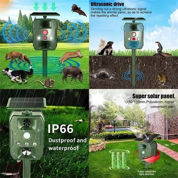 Ultrasonic Solar-Powered Animal Repeller  Infrared Detection, LED Flashing, Adjustable Frequency for Repelling Dogs, Cats, Birds, Raccoons, Mice, Snakes