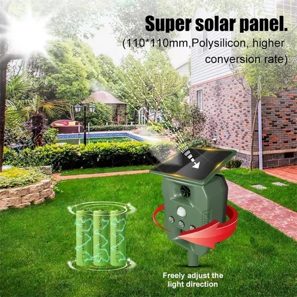 Ultrasonic Solar-Powered Animal Repeller  Infrared Detection, LED Flashing, Adjustable Frequency for Repelling Dogs, Cats, Birds, Raccoons, Mice, Snakes