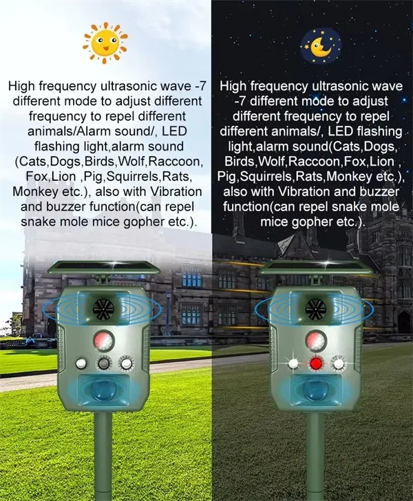 Ultrasonic Solar-Powered Animal Repeller  Infrared Detection, LED Flashing, Adjustable Frequency for Repelling Dogs, Cats, Birds, Raccoons, Mice, Snakes